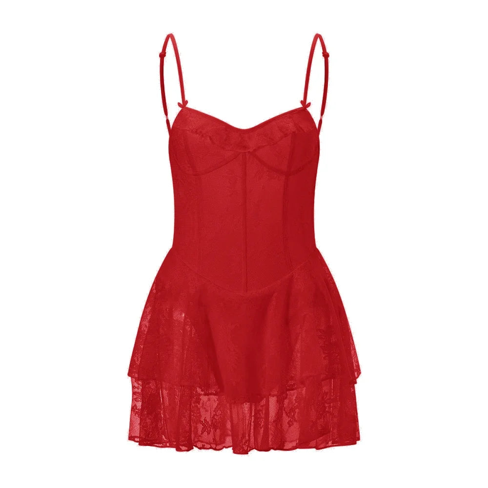 Women Summer Mini Dress Spaghetti Strap Frill Corset Backless Bandage Lace Tiered Ruffle Dress Club Party Sexy Dresses