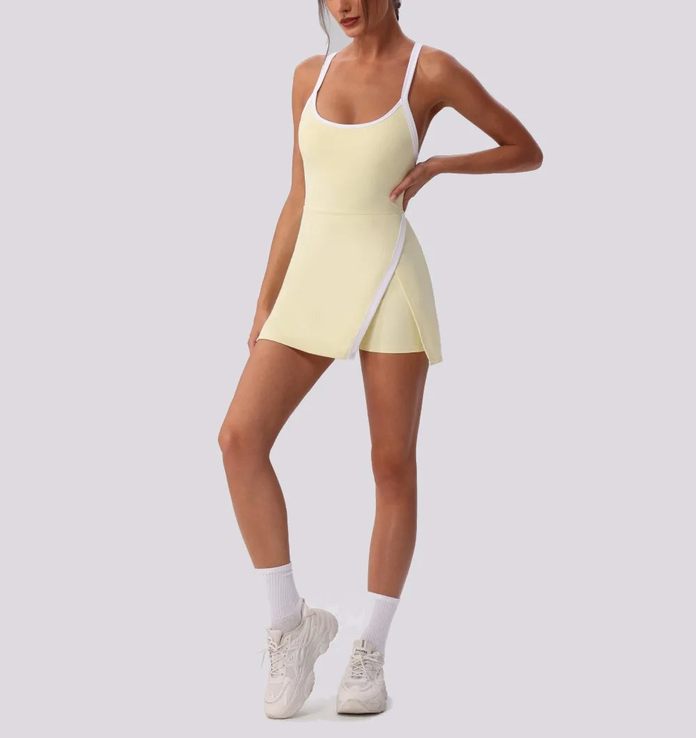 Color Contrast Tennis Dresses Women Beautiful Back Hollow Back Cross Split Skirt Pocket Sports Fitness One-piece Yoga Golf Suit