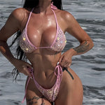 Pink Mesh Sequin Halter String Triangle Bikini Damen Micro Thong Sexy Swimsuit Women 2026 Bathing Suits Swimwear Bikinis Sets