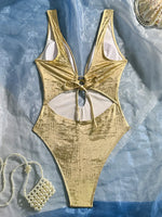 Golden Glitter Deep V Neck Female Swimwear One Piece Swimsuit Women Backless Monokini High Leg Cut Bathing Suit Swim Beachwear