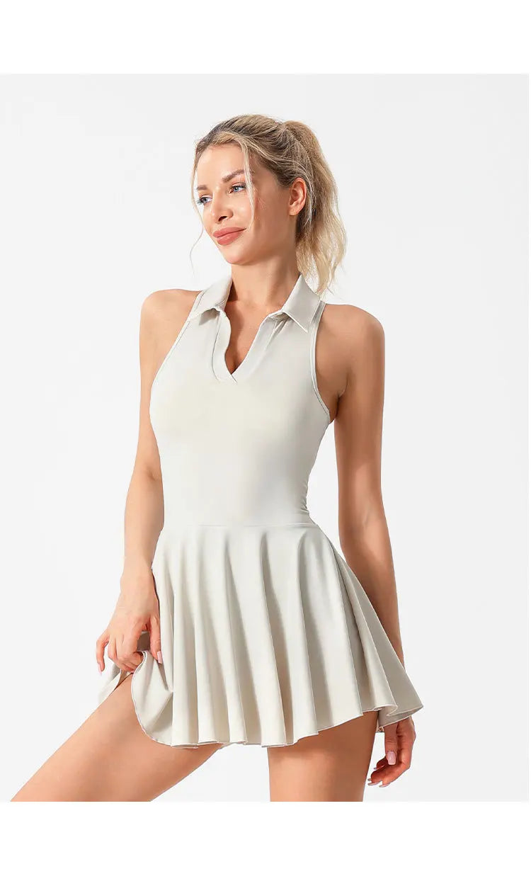 Quick Dry Tennis Dresses Women Turn Down Collar Golf Pleate Skirt Dress Pockets Fitness Shorts 2 Piece Tennis Yoga Suits