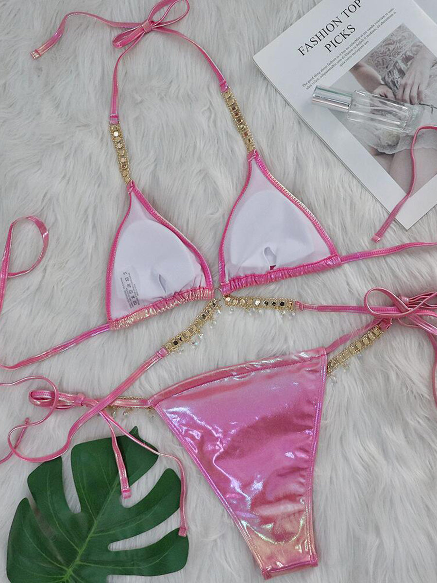 Wrap Around Halter Metal Chains Bikinis 2025 Diamond Bikini Women Swimsuit Female Swimwear Two Pieces Bikini set Bathing Suit