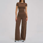Yoga Set 2 Pieces Women's Tracksuit Short Sleeve O Neck Slim Sports T Shirts High Waist Flare Leggings Gym Running Fitness Suit