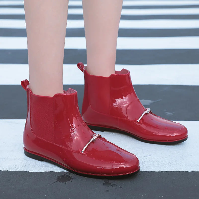Women Rainning Boots Fashion Ladies Walking Waterproof Ankle Rubber Rainboots Casual Thick Bottom Low Heel Short Boot 2024