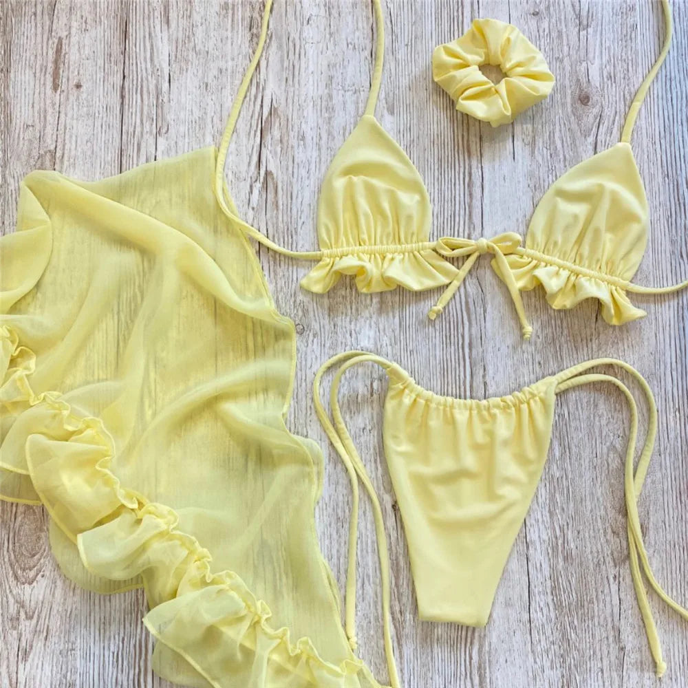 White Mesh Cover Up Swimwear String Halter 3 Piece Bikini Set Micro Thong Swimsuit Beachwear Ruffled Triangle Bikinis 2026 Mujer