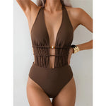 S - XL Deep V Neck Halter Wrinkled Women Swimwear One Piece Swimsuit Female Backless High Leg Cut Bather Bathing Suit Swim V7831