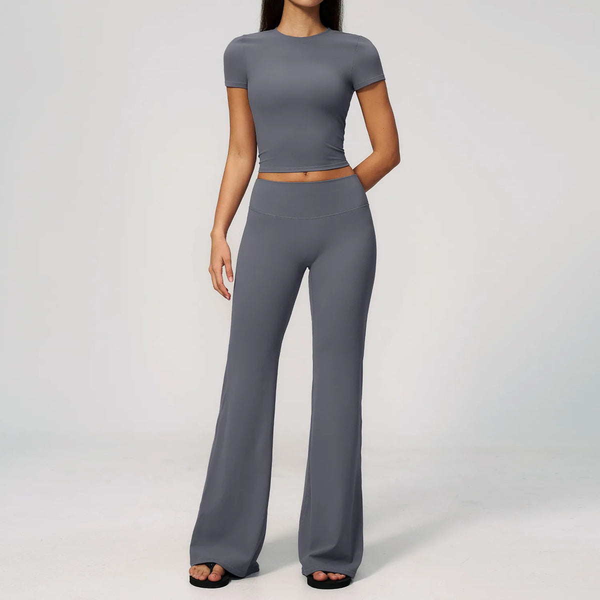 Creamy 2 Pieces Workout Suit Women Yoga Outfits Short Sleeve O Neck Slim Sports T Shirts High Waist Flare Pants Gym Fitness Sets