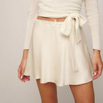 Silk Satin Women Elegant Mini Skirts Summer Lace Trim High Waist Mini Bow Silk A-Line Skirt Fashion Casual Streetwear