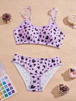 Purple Heart Print Teen Girls Bra Set Wireless Padded Bra and Soft Panties Adjustable Straps Soft Lingerie