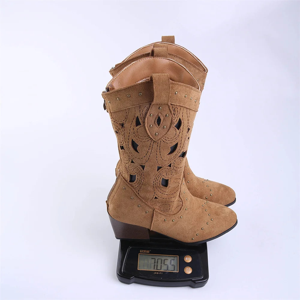 Big Size 43 Women's Wasteland Western Cutout Vegan Suede Cowboy Boots with Rivets 6cm Block Heel Summer Mid-Calf Boots Shoes