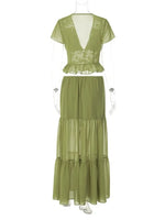 FDYOUI Sexy V-neck Lace Patchwork T-shirt Tops+Long Skirt 2 Piece Set Women's Summer Green Holiday Party Dress Suit Streetwear