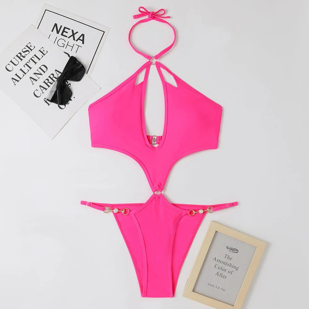 Solid Color One Piece Swimsuit Women 2026 Sexy Hollow Out Pearl Chain Bikini Halter Backless Thong Swimwear Beach Bathing Suit