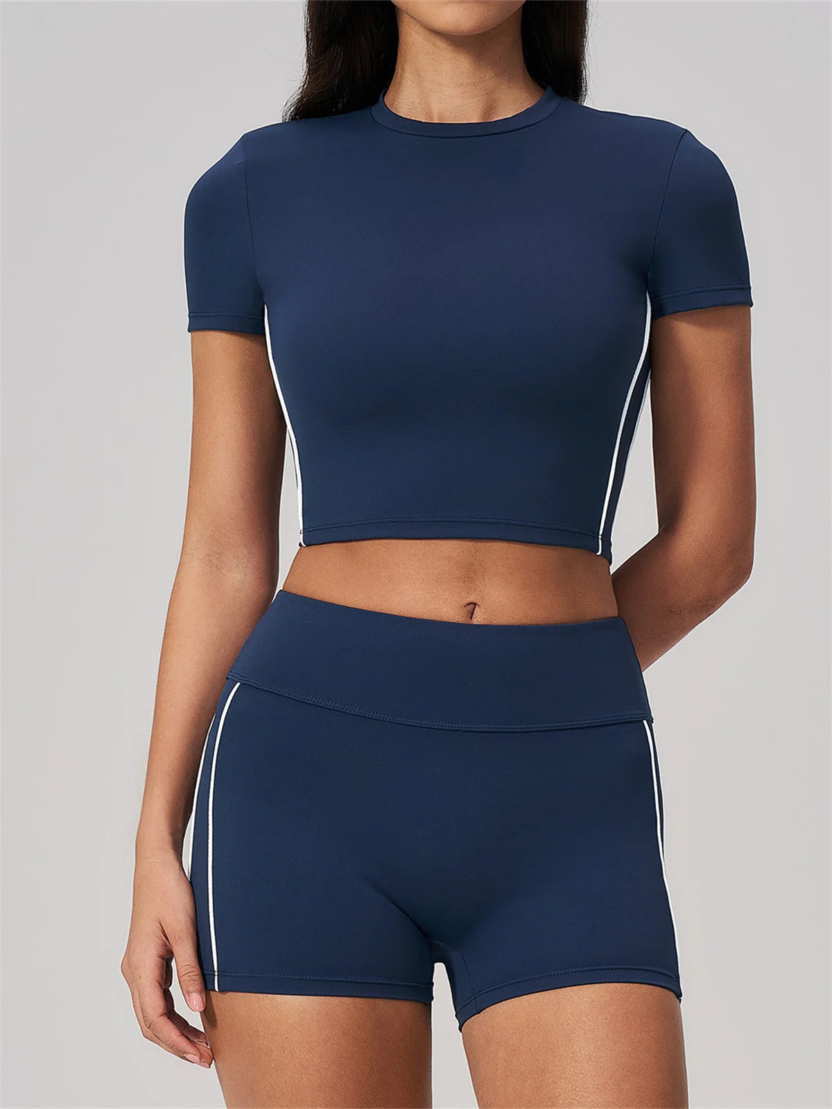 Color Contrast Yoga Suit Women Short Sleeve O Neck Sports T Shirts Tracksuit Outwear High Waist Shorts Gym Running Fitness Suits