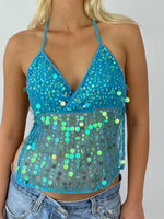 Women's Halter Neck Vest Summer Sleeveless Open Back Slim Fit Tie Up Sequins Tank Tops