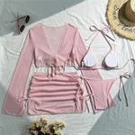 Beige Mesh Halter String Triangle Micro Thong Bikinis Sets 4 Pieces Long Sleeve Cover Ups Sexy Swimsuit Women Holiday Swimwear