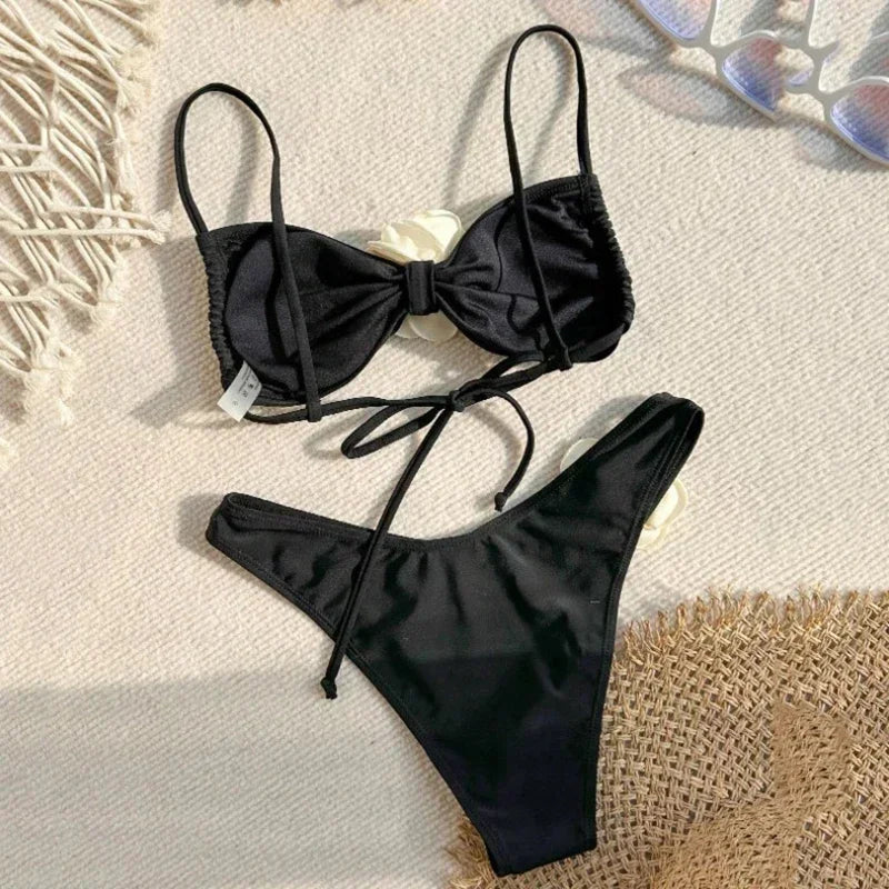 Sexy Flower Bandeau Swimwear Thong Bikini 2026 Women Lace-up Swimsuit Swimming Bathing Suit Brazilian Bikinis Sets Mujer Biquini