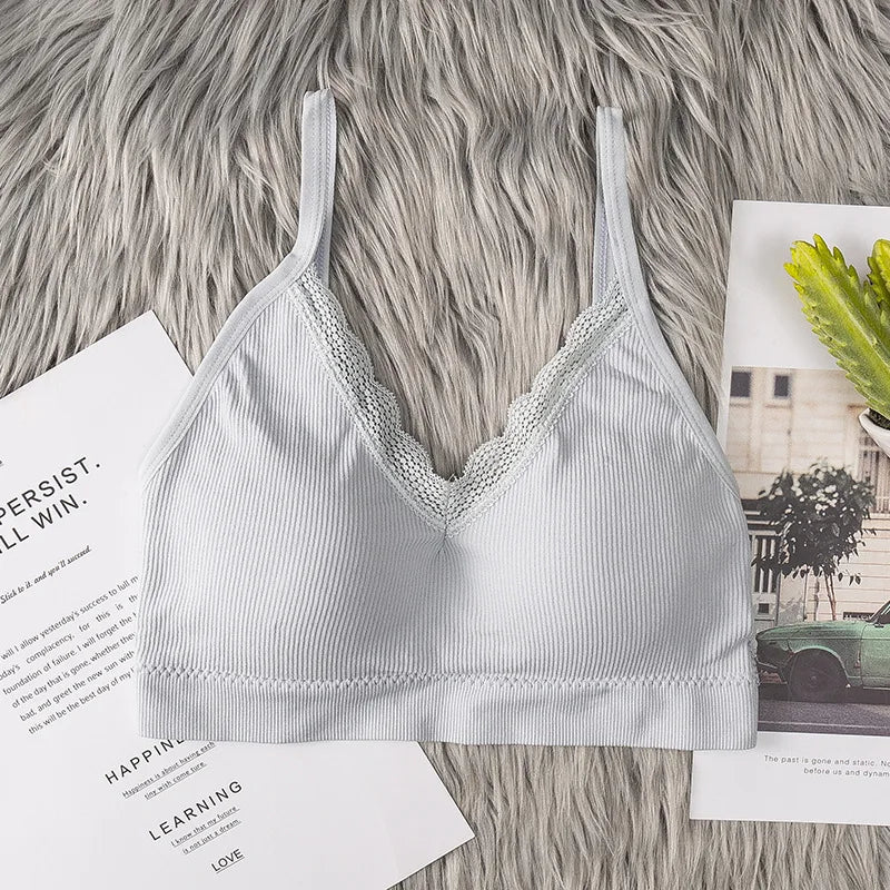 Women's Lace V Neck Rib Camisole Tube Top Bralette Criss Cross Back Removable Foam Pads Wireless Thin Straps Tube Bra