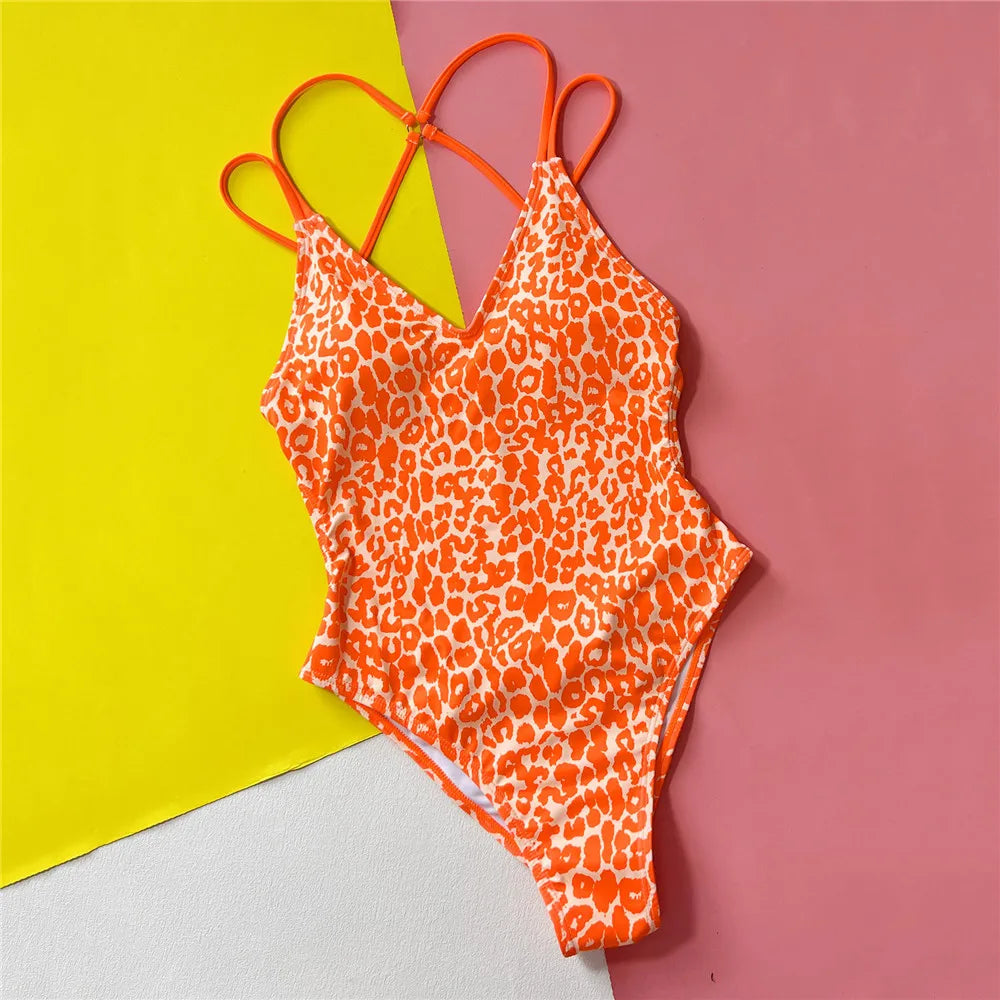 Leopard Print Backless Sexy Swimsuit Women One Piece Swimwear Back String Cross Bather High Cut Monokini Bathing Swimming Suit