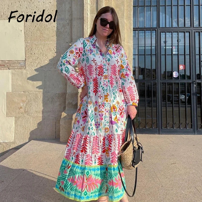 Foridol Floral Print Casual Boho Shirt Dress Maxi Long Autumn Winter Long Sleeve Dress Vestidos 2025 Button Up Dress