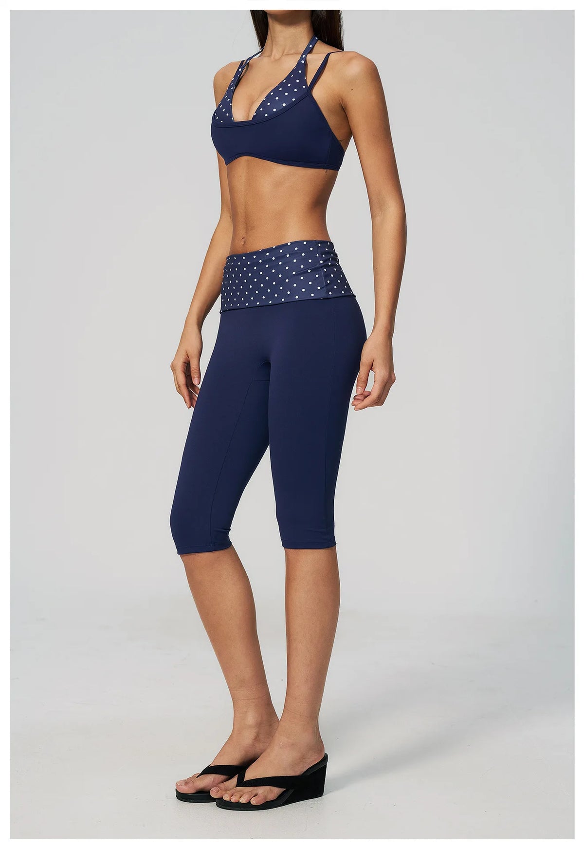 Summer Polka Dot Yoga Sets Women Hanging Neck Shockproof Sports Bra Fitness Suit Folding High Waist Mid Pants Gym Tracksuit