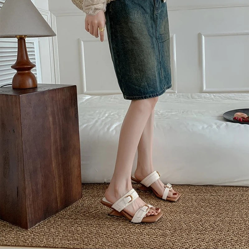Vintage Braided Belt Buckle Open Toe Wedges Women's Summer New Square-toed High-heeled Slippers