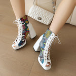 White Floral Embroidered Peep Toe Lace-Up Chunky Block Heel Platform Hollow Out Ankle Sandal Boots for Women