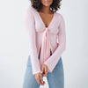 Women's Spring Summer Slimming Crop Tops Long Sleeve V Neck Tie Up Solid Color Trendy T-shirt