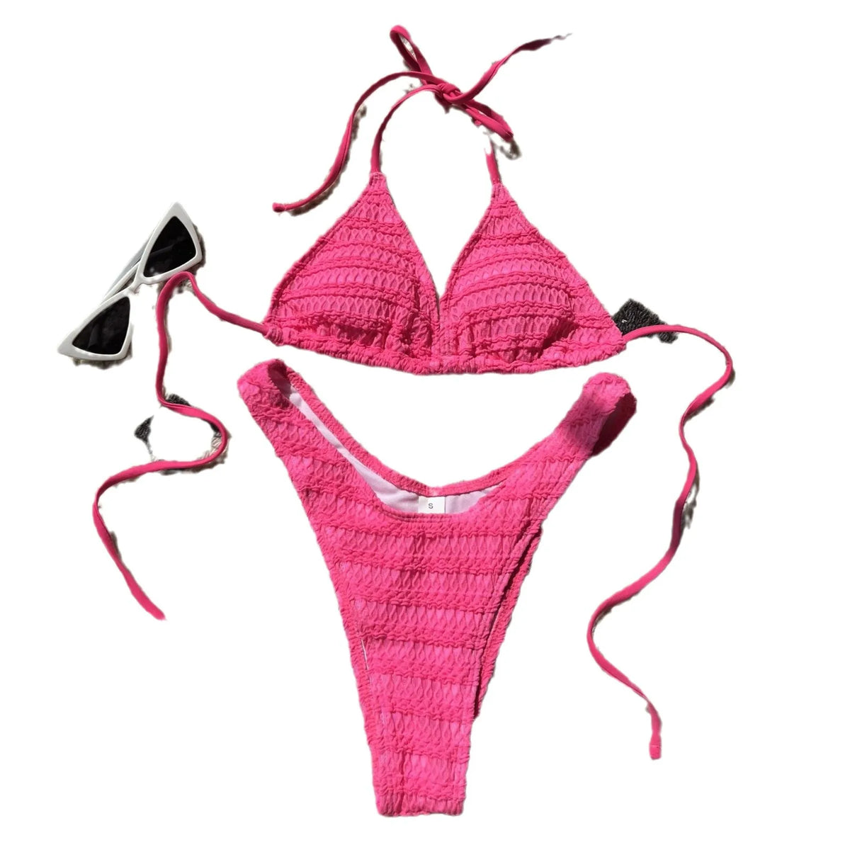 Sexy Knitted Hollow Handmade Crochet Bikini Set Women Pink Bandage Criss Cross Micro Swimsuit Bathng Suit Thong Swimwear