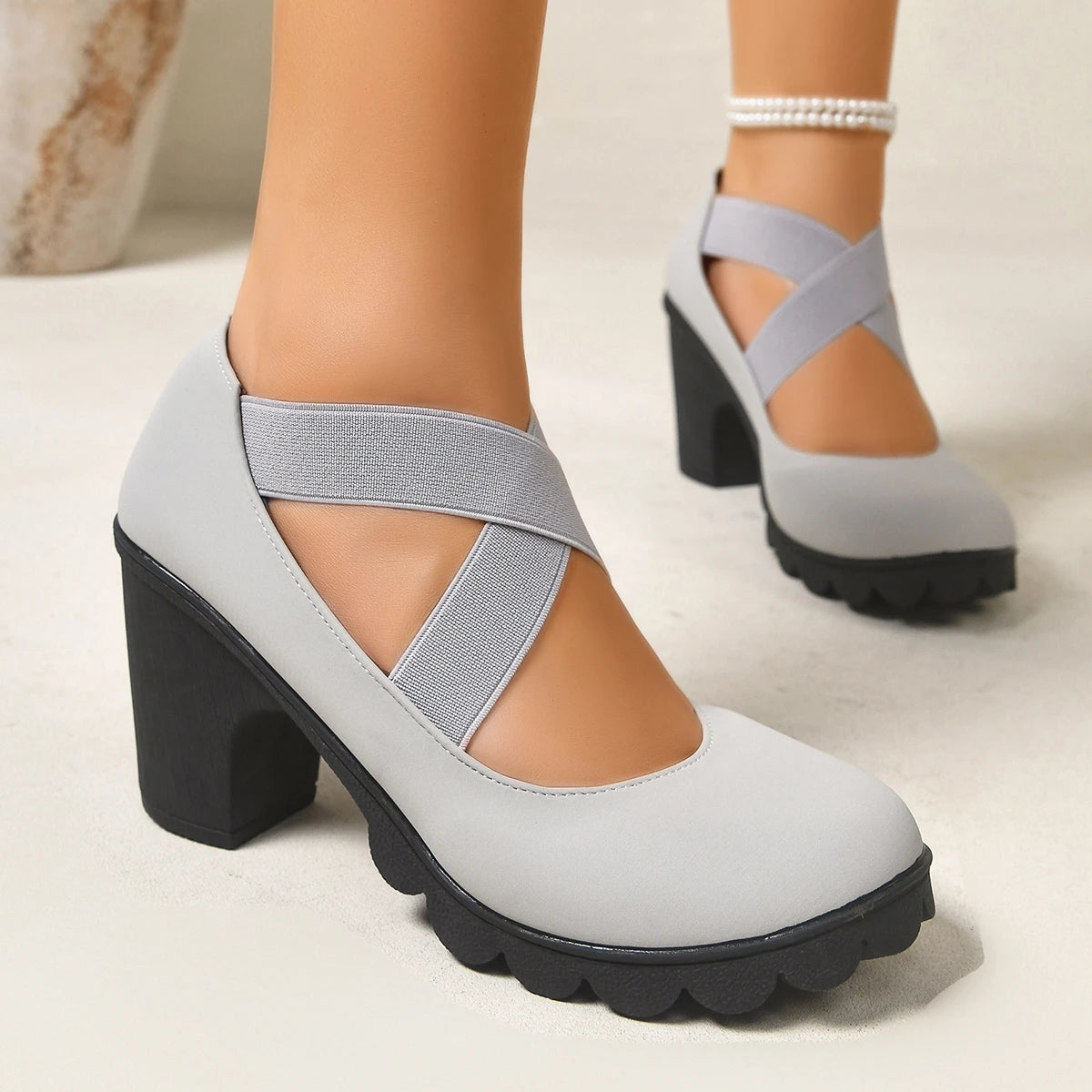 Women Mary Jane Pumps Cross Elastic Strap Suede Chunky High Heel Lug Platform Sole Dress Party Shoes Large Size