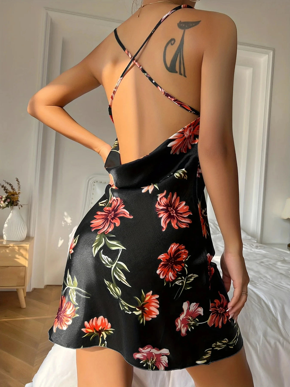 Summer Ice Silk Stain Nightgowns Women's Slip Dress Sexy Sleepwear Floral Print Pajamas Open Back Split Nightdress Pajamas