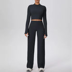 2 Pcs Women's Seamless Yoga Set Long-sleeved Wide-leg Pants Tracksuit Fitness Sports Set High-waisted Hip-lifting Slim-fit Suit