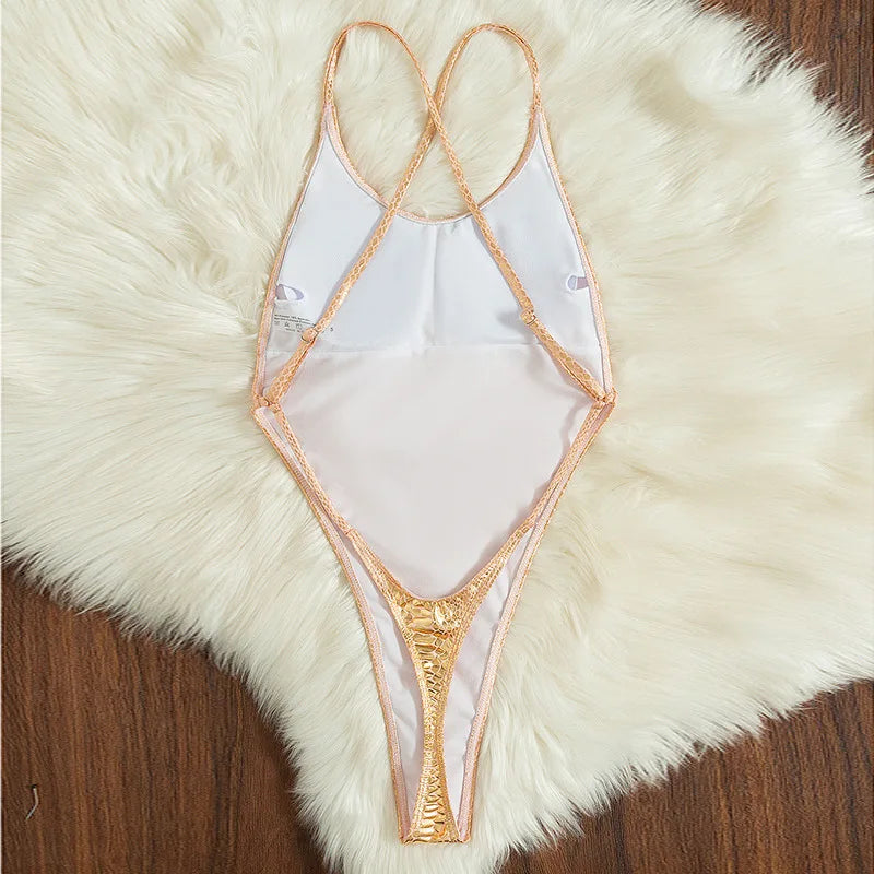 Sexy Gold Shiny Print Backless Swimwear Women One Piece Swimsuit Female Back String Cross High Cut Bathing Swimming Suit Bather