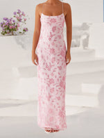 Women Summer Glitter Sequin Beaded Flower Cami Dress Slim High Split Spaghetti Strap Open Back Long Dresses for Party Club