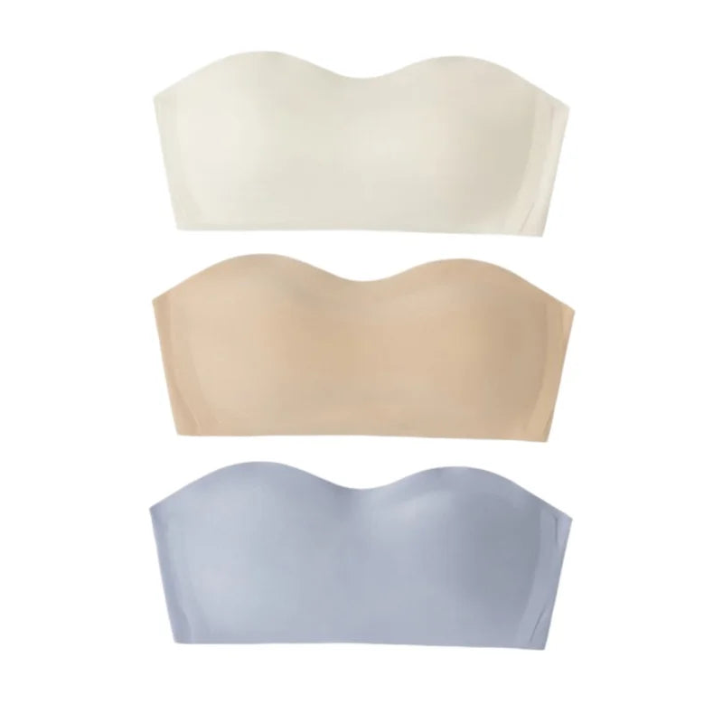 3Pcs/Set Women Strapless Bandeau Bra Removable Straps Seamless Wireless Multi‑Hook Back Closure Bra For Multi‑way Wearing