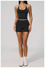 Naked Color Contrast Yoga Sets Women Hanging Neck Sports Vest Gym Clothes Breathable High Waist Shorts Fitness Suits Tracksuit