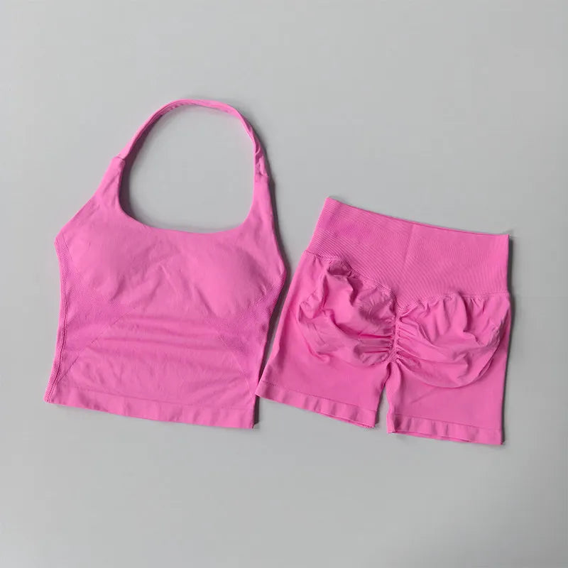 2PCS Seamless Halter Neck Yoga Set Push up Sports Bra And High Waist Butt Lift Fitness Shorts Tummy Control Fitness Wear