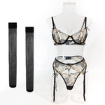 Toucheart Erotic LingerieNew Butterfly Embroidered Mesh See-through Sexy Contrastingerotic Lingerie Four-piece Setwith Stockings
