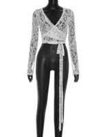 FDYOUI Women's V-neck Long Sleeve Lace T-shirt 2026 Ladies Chic Bandage Lace Tee Shirts Pink Streetwear Girls Slim Crop Tops