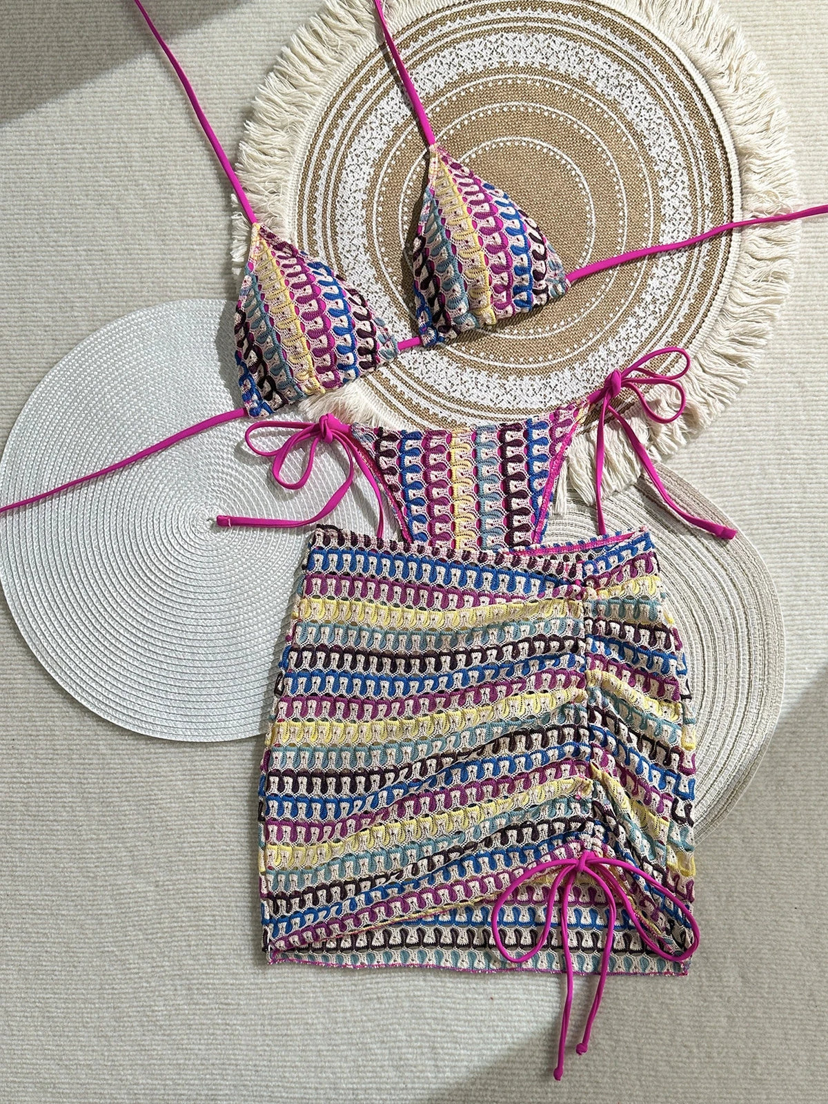 DEKA Vintage Green Striped Knitted Bikini Set Women Sexy Swimwear Drawstring Side Cover Up 3 Piece Swimsuit Bathing Suit Holiday