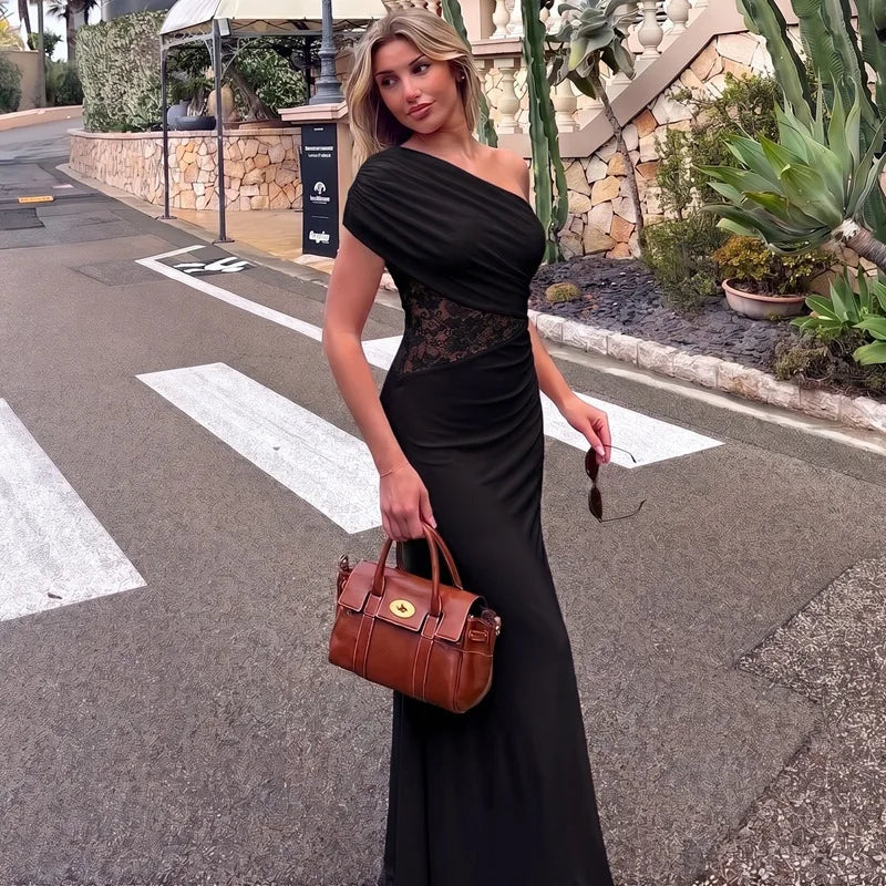 FDYOUI Women's Summer Diagonal Collar Lace Patchwork Asymmetrical Long Dress Sleeveless High Waist Tunics Evening Party Dresses