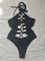 Sexy Black Hollow Out Swimwear Women 2026 High Neck Backless Monokini Lace Up Bandage Bathing Suit Holiday One Piece Swimsuit