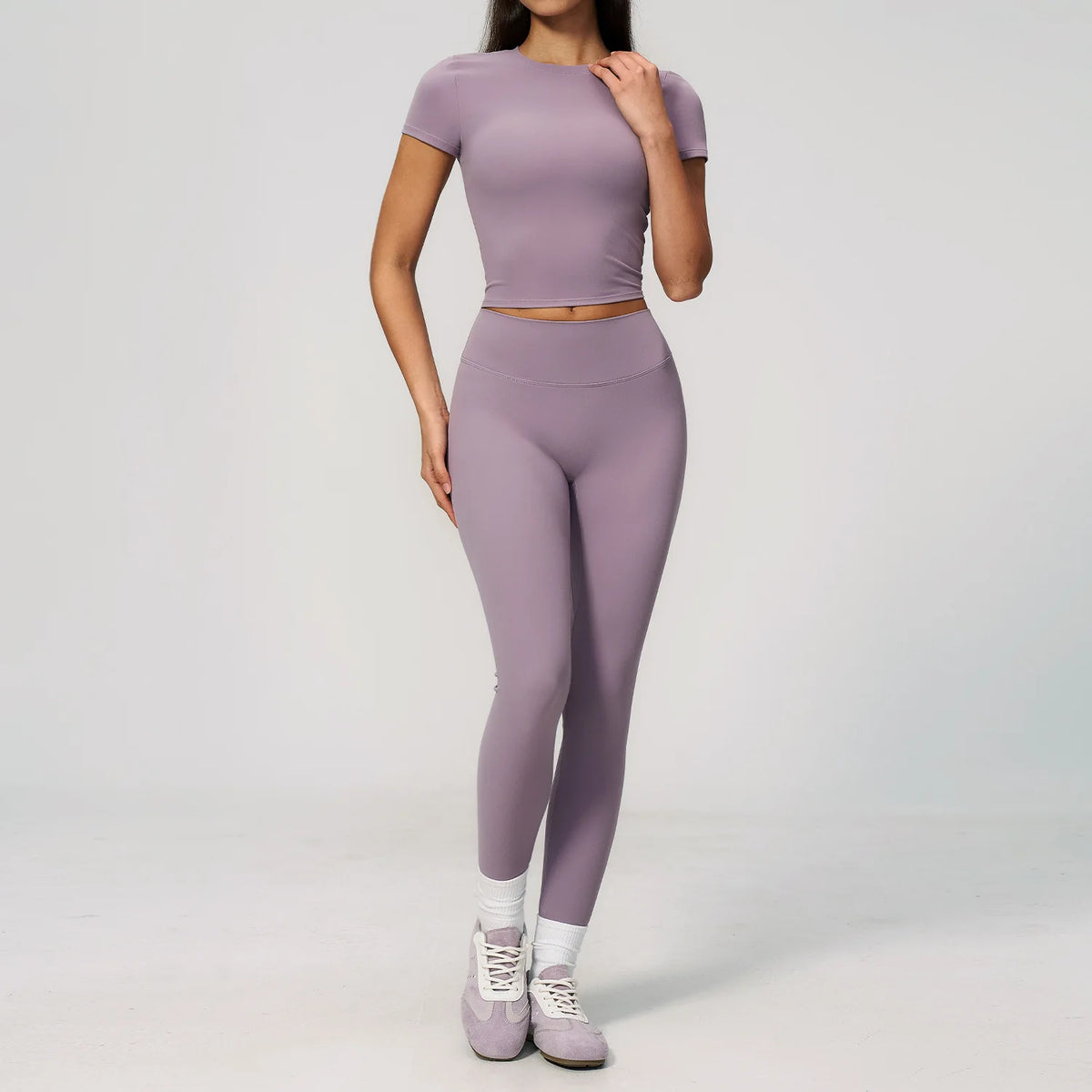 Creamy 2 Pieces Workout Suit Women Yoga Outfits Short Sleeve O Neck Slim Sports T Shirts High Waist Flare Pants Gym Fitness Sets