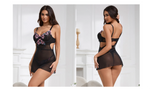 Black Floral Embroidered Mesh Chemise for Women Underwire Push Up Adjustable Back Closure Sleepwear with Panties Plus Size