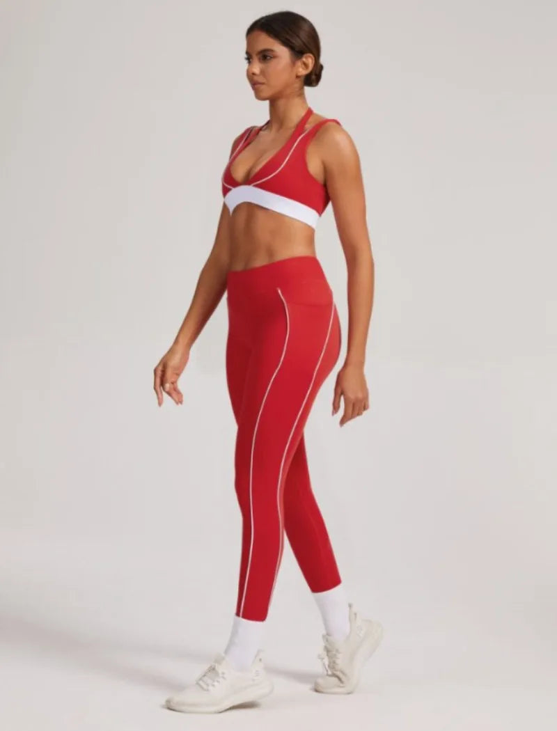 Women's Yoga Sets Sports Fitness V-Neck Halter Sports Bra Color-Block Hip-lifting Pants Suits Running Training Workout Gym Sets