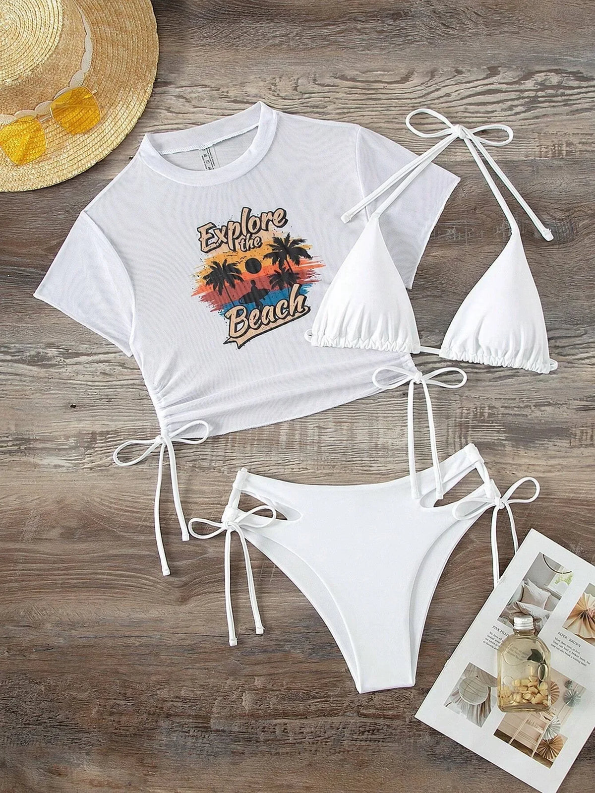 2026 Black Crop Top Swimwear Women Summer Sexy Beachwear Mesh Short Sleeve Cover Ups Top Three Piece Swimsuit Lace Up Bikini Set