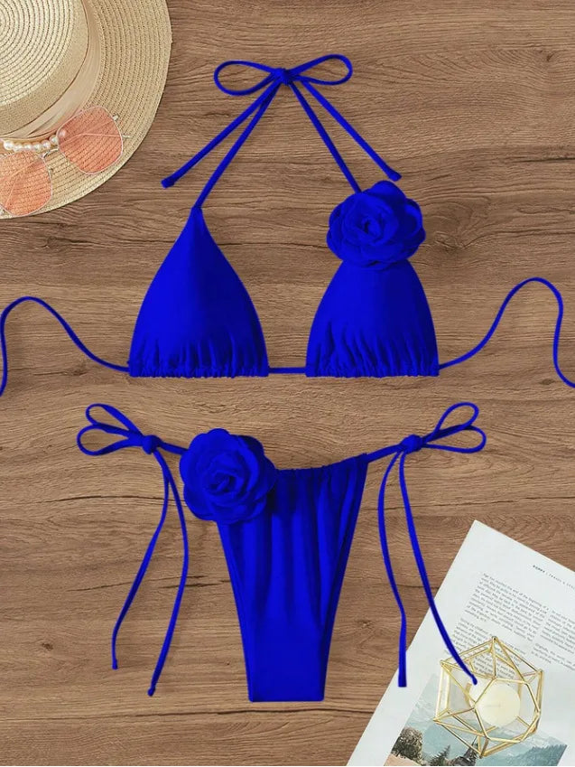 Sexy Bikini Set Women Swimsuit 2024 Black White 3D Floral Print Micro Bikinis Brazilian Cutout Beach Bathing Suit Thong Swimwear