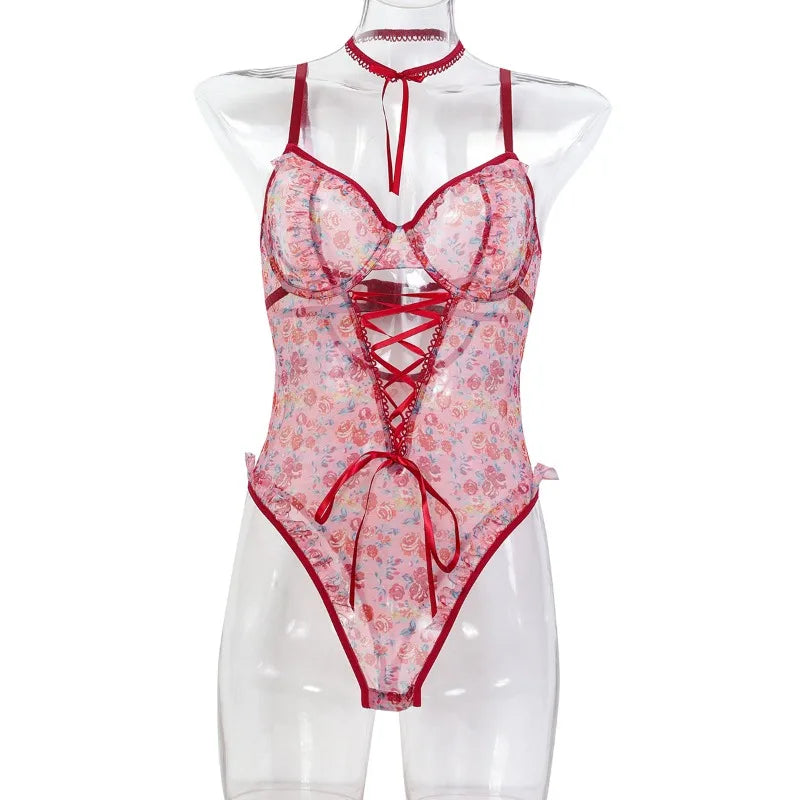 Toucheart Sexy Women Lace Backless InterestingBabydoll Bodysuit Wrap Dress High Waisted Printing Bow KnotBabydoll Bodysuit