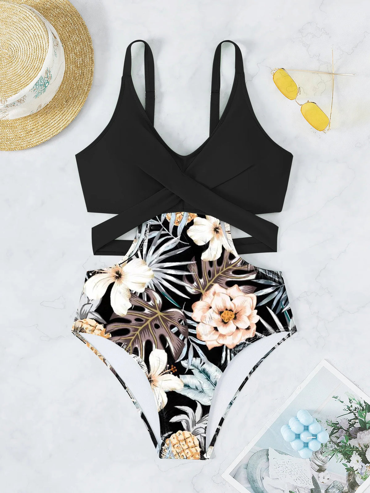 One Piece Swimsuit Women Vintage Green Floral Print Hollow Out Backless High Waist Bikini 2025 Bathing Suit Bandage Swimwear