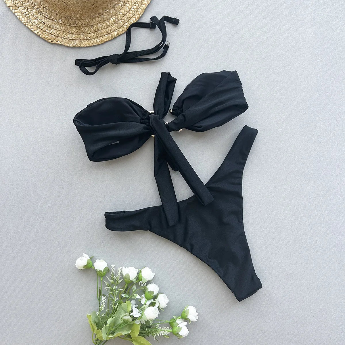 DEKA Bandeau Bikini Summer Beach Classic Strapless Swimsuit Women Sexy Tie Side Shiny Metal Hardware Ring Bandeau Bikni Beach