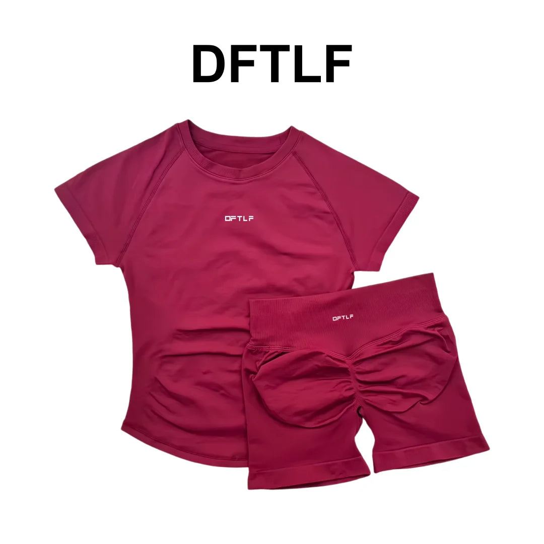 DFTLFWomen 2PCS Seamless Yoga Suit Short Sleeve Top High Waist Shorts Quick Dry Breathable Gym Fitness Running Workout Sport